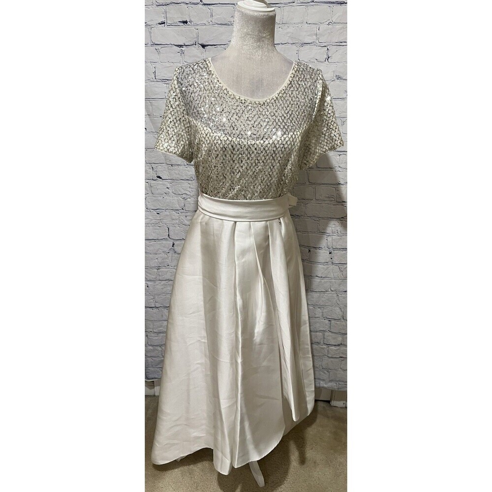 NWT R&M Richards White Short Sleeve Sequin Satin Bow Hi Low Formal Dress Gown 10